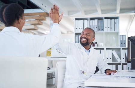 Happy, black people and scientist with high five in lab for good news, research and experiment...