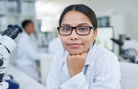 Portrait, scientist and woman in laboratory with glasses, research and development for biology....