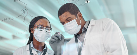Scientist, team and formula on glass in lab for research, molecule structure and physics. People,...