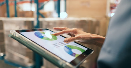 Logistics, graphs or hands in warehouse with tablet screen, inventory or data audit in stock check....