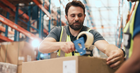 Man, team and tape at warehouse for boxes with logistics, quality assurance and inventory...