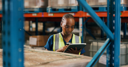 Black woman, scanner and tablet at warehouse for logistics, schedule and inventory management....