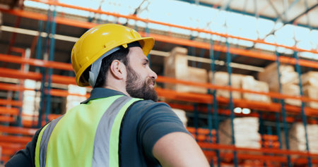 Man, thinking and happy for logistics at warehouse with inspection, distribution or check shelves....