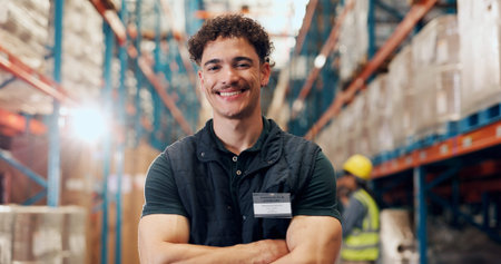Happy man, portrait and logistics with confidence in warehouse for storage or shipping service. Male...