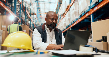 Shipping, man and typing on laptop in warehouse for order tracking, export status or distribution....