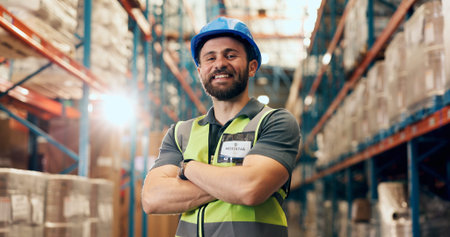 Businessman, portrait and logistics with confidence in warehouse for storage or shipping service....