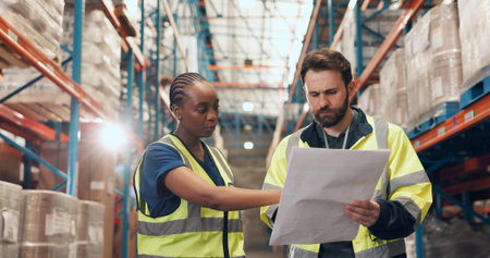 Supply chain, paper and people in warehouse, talking and planning for export, feedback, and...