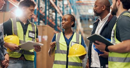 Logistics, meeting and people in warehouse with discussion for stock control, inventory and records....