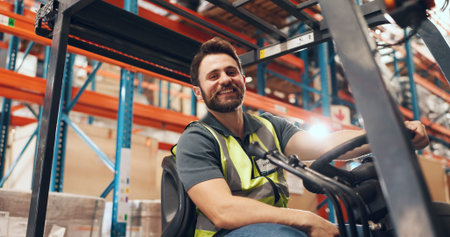 Confidence, forklift and man with portrait in warehouse, industrial logistics and inventory...