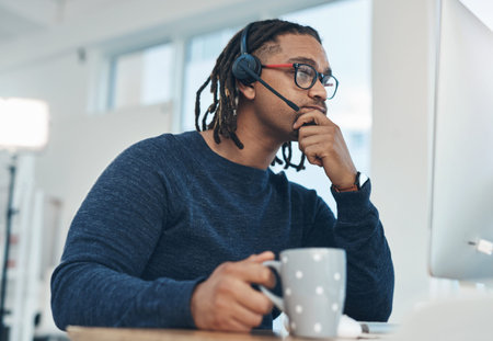 Black man, headset and coffee at call center with computer, glasses and tech support job at IT...