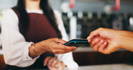 Hands, credit card and waiter with pos at coffee shop for easy payment, bills and customer...