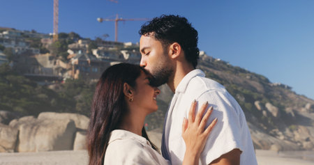 Kiss, love and smile with couple on beach together for anniversary, date or honeymoon in summer....