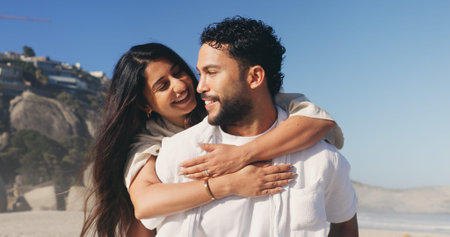 Hug, love and smile of couple on beach together for anniversary, date or honeymoon in summer....