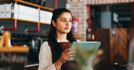 Tablet, thinking and woman in restaurant for online inventory, update website and orders. Small...