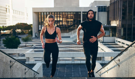 Healthy, couple or athletes in city running for exercise, workout and training for marathon. Sports,...