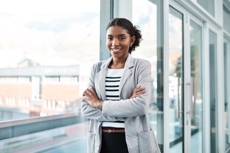 Crossed arms, window and portrait of business black woman with confidence, company pride and startup...