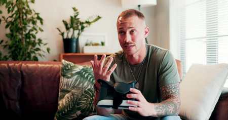 Therapy, soldier and man with virtual reality in counseling for ptsd, interactive session and...