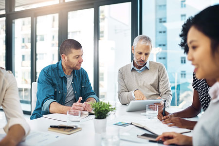 Business people, meeting and tablet in office for planning, discussion and teamwork with technology....