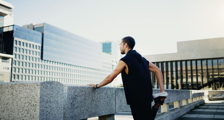 Man, stretch and leg for fitness in city as runner, exercise and training, speed and endurance for...