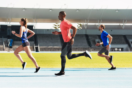 Track, running and people with fitness, training and competition with progress and endurance....