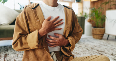 Mindfulness, home or hands with breathing routine, relaxation or body awareness practice for...