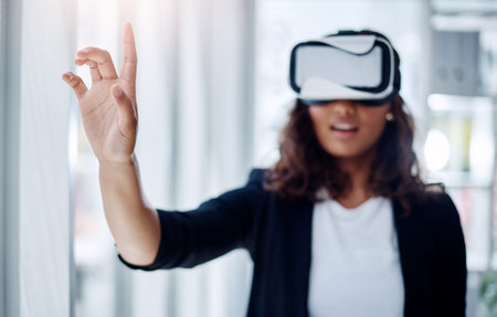 Virtual reality, technology and business woman with digital glasses for webinar, conference and...
