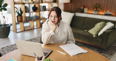 Woman, thinking and reading with laptop for project draft, editing article and creative process in...