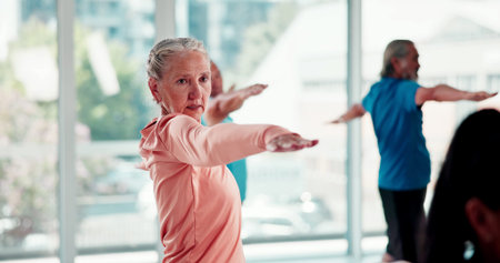 Warrior pose, yoga and senior woman in studio for fitness, wellness or exercise for balance. Health,...