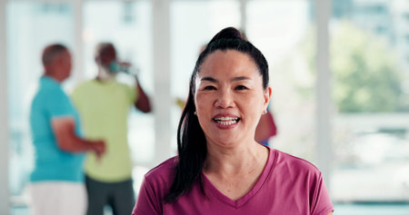 Happy, fitness class and portrait of senior woman in studio for yoga with wellness, balance or...