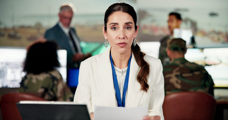 Breaking news, portrait or reporter on military base with paper, war info or warning in global...