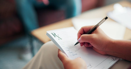 Prescription pad, writing and hands of psychologist in office for therapy with mental health...