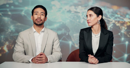 Speaking, presenter or people with broadcast, breaking news story or international update for media....