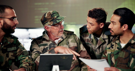 People, military and meeting with captain in control room for planning, war alert and surveillance...