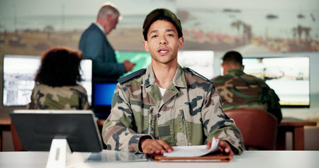 Broadcast, portrait and pov with military man in command center for feedback, news or update....