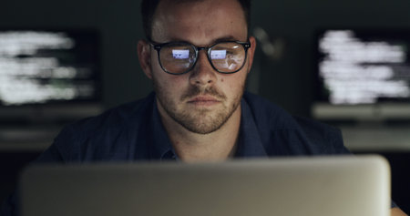 Glasses, reflection and businessman with laptop for programming, software or web design solution....