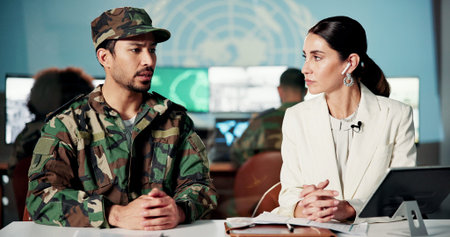 News, reporter and talk in interview with soldier, broadcast questions and war update in control...