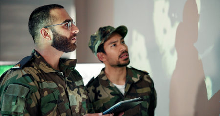 Review, tablet or military team in control room, security surveillance or monitor for threat...