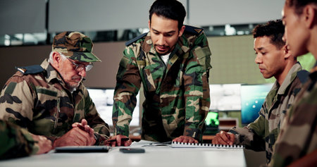 Military, team or meeting with documents in command center for war alert, scenario planning or log....