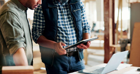 Carpenter, people or hands with tablet in workshop, manufacturing timeline or material cost...