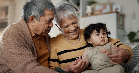 Grandparents, grandchild and home with baby, babysitting and spending quality time while bonding...