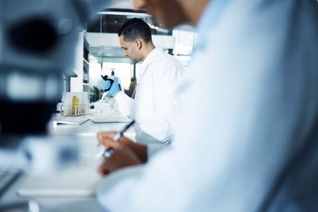Lab, microscope and scientist man or research, science career and experiment with microbiologist for...
