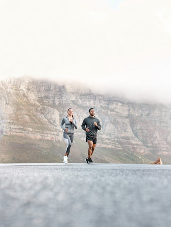 Runner, fitness and team with couple in nature for cardio challenge, training coach and workout...