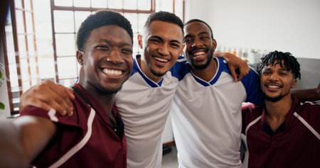Happy men, portrait or hug with selfie for sport entertainment, reunion or memory in home. Male...