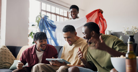 Football game, excited and men in home, tablet and celebration for score victory. France flag,...