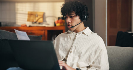 Laptop, document and man with headset for remote work, online help desk or troubleshooting...