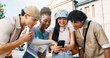 Student, friends and phone in college with social media update, scholar website or chat for...