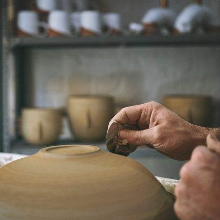 Clay, design and hands with person in pottery workshop for manufacturing or production of ceramics....