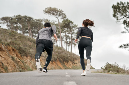 Running, back and race with couple in nature for workout partner, bonding and health. Exercise club,...