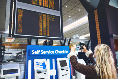 Woman, photo and phone screen with flight info at airport for travel schedule, gate number or mask. Passport, person and mobile picture of airline display for departure, immigration and boarding time