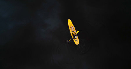Above, father and child in lake with kayak ride, adventure or bonding together for holiday activity. Mockup space, man and daughter canoeing in river with outdoor exploration, travel or vacation trip